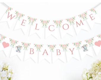 Editable Banner- Pink floral elephant Baby Shower, Printable-Baby Shower Banner-floral elephant-PM004