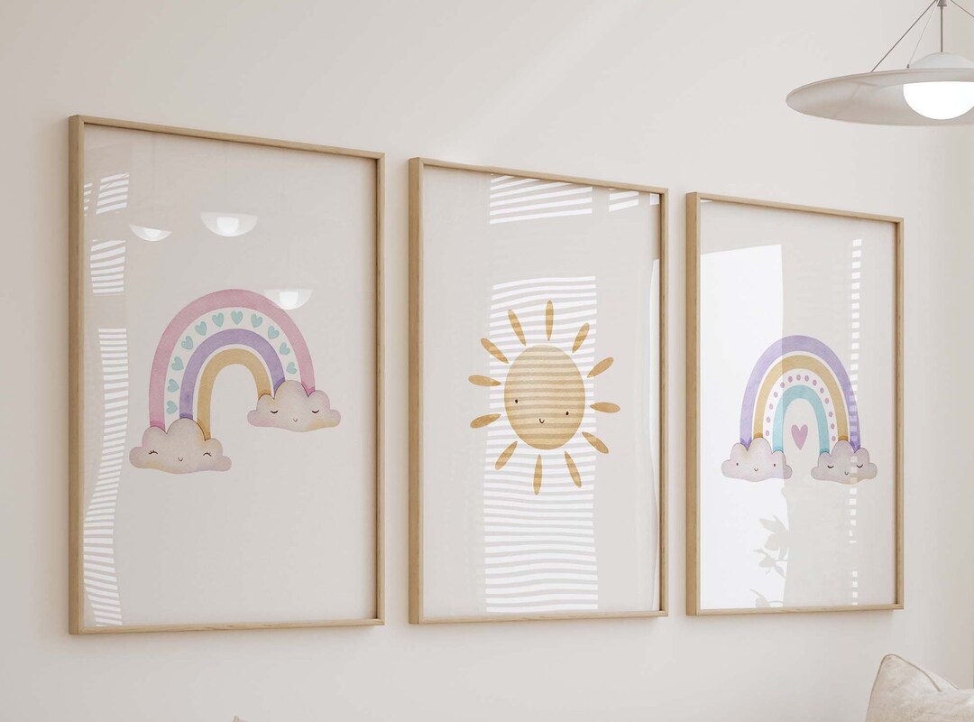 Rainbow Sunshine Nursery Prints, Pastel Rainbow Nursery Wall Art, Baby ...
