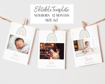May include: Three printable cards with rainbow designs and gold glitter. Each card has a space for a photo and the text "One Month", "Two Months", and "Three Months".