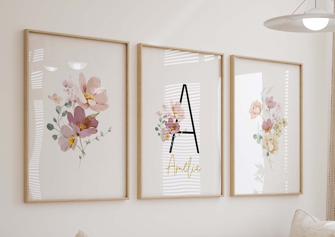 Pink Floral Garden Watercolor Prints, Personalized Blush Floral Nursery ...