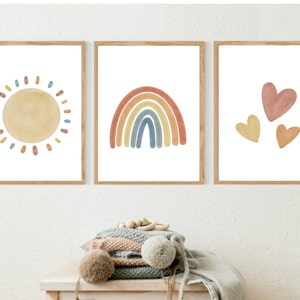 Set of 3 Prints Rainbow Nursery Decor Sunshine Print Hearts Wall Art Nursery Art Watercolor Girls Kids Baby Room PRINTABLE or PRINTED, 001