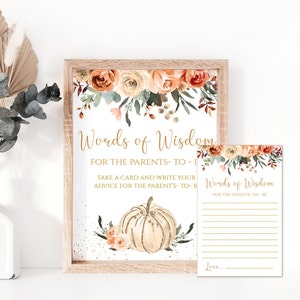 Porady dla przyszłych mam, znaki i karty z notatkami, drukowane słowa mądrości na baby shower i karty, przyszła mama, BOHO Pumpkin, jesień, PN001