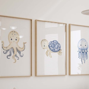 Under The Sea Watercolor Prints, Set of 3 Nursery Wall Art, Boy Room Decor, Sea Turtle Octopus, Set of 3 Art Prints Shipped, 221