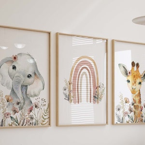 Safari Wildflower Watercolor Prints, Neutral Rainbow Floral Nursery Wall Art, Elephant Girl's Room Decor, Set of 3 Art Prints Shipped, 246