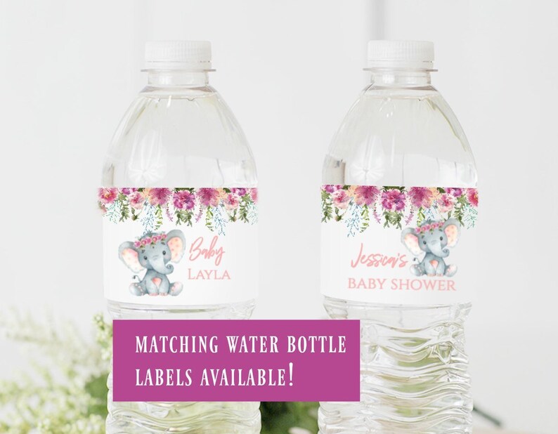 May include: Two clear plastic water bottles with pink and white floral patterned labels. The labels feature a cute cartoon elephant with a pink flower crown. One label says "Baby Layla" and the other says "Jessica's Baby Shower".