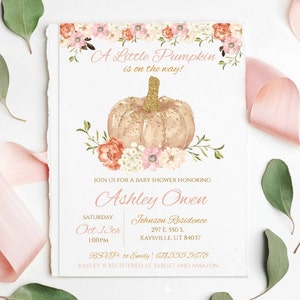 Mädchen kleine Kürbis-Babyparty-Einladung, Mädchen-Babyparty einladen, Kürbis-Babyparty einladen, Herbst-Babyparty, Kürbis Aquarell, PO001