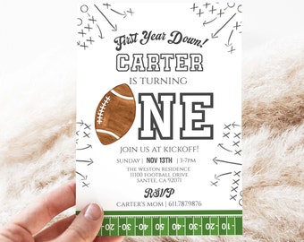 First Year Down Football Birthday Invitation, Football Sunday Party, Boy First Birthday Invitation, Editable Invitation Template. FB200