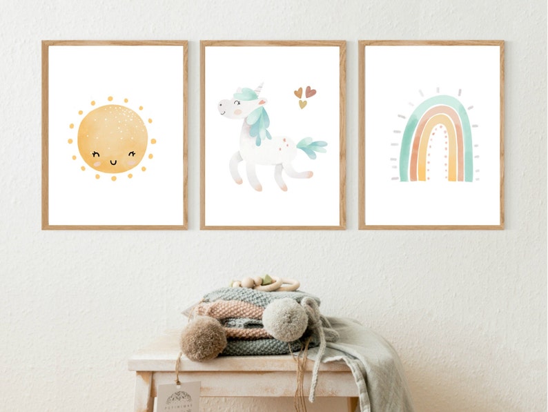 Set of 3 Unicorn wall art set, Printable unicorn art, Rainbow Nursery, Sun, Girls room decor, Unicorn prints, PRINTED OR DIGITAL image 1