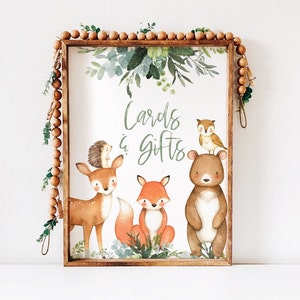 Woodland Animal Gift Tafelbord, Kaarten en Geschenken, Salie Groen Goud, baby shower tafelbord jongen, Forest Animal babyshower, wood001