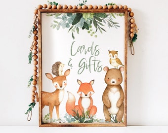 Woodland Animal Gift Table sign, Cards and Gifts, Sage Greenery Gold, , baby shower table sign boy, Forest Animal baby shower, wood001