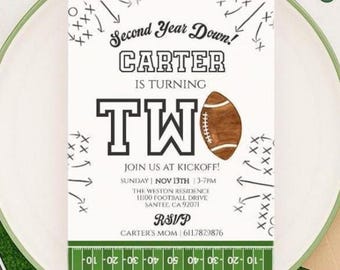 Second Year Down Football Birthday Invitation, Football Sunday Party, Boy Birthday Invitation, TWO Editable Invitation Template. FB201