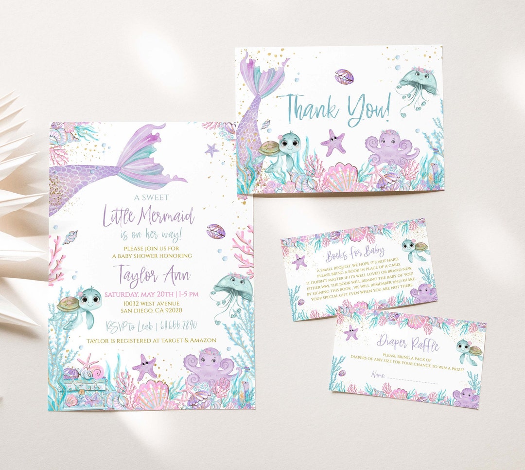 Pastel Mermaid Baby Shower Invitation Set . Under the Sea Editable ...
