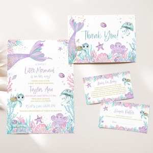 Set di inviti per baby shower con sirena pastello. Modello modificabile sotto il mare. Invito per baby shower con animali marini. Viola. Verde acqua. Oro. M2022