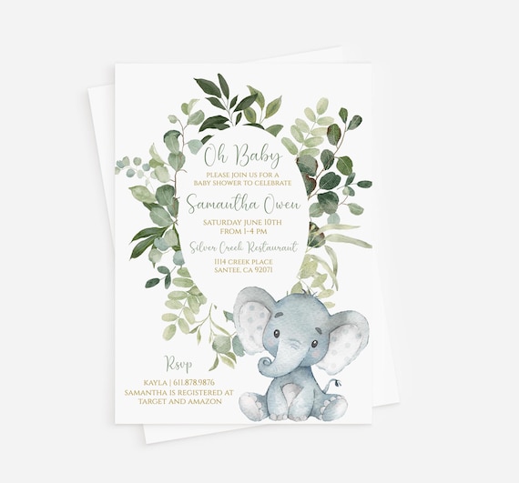Einladungskarten Babyparty – Elefanten-Design, Grün, Neutral Für Jungen/Mädchen, Safari-Dschungel-Motto