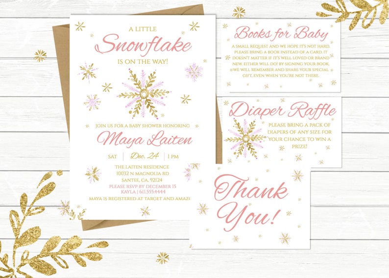 Little Snowflake Girl Pink Baby Shower invitation, Snowflakes / Snow / Winter / Christmas / gold Pink / On her way / book card, PM005 image 1