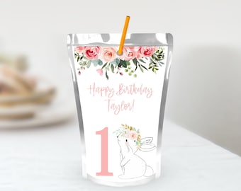 Etiqueta EDITABLE Bunny Capri Sun, Imprimible Bunny Blush Floral, 1er Cumpleaños, B001
