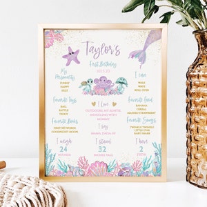 Mermaid First Birthday Milestone Sign. Under the sea, 1st Birthday Party Sign • ChalkBoard INSTANT DOWNLOAD • Editable Template 16x20,M2021