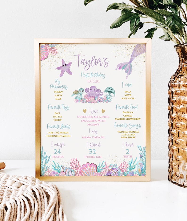 Mermaid First Birthday Milestone Sign. Under the sea, 1st Birthday Party Sign ChalkBoard INSTANT DOWNLOAD Editable Template 16x20,M2021 image 1