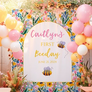 Bee First Birthday Backdrop, First Bee Day Floral Girl, Personalized Bee sign, Printed Backdrop, Birthday Decor, Photo prop, Bee01