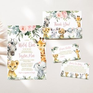 Safari Animal Floral Baby Shower Invitation Greenery . Wild one invite, Jungle baby shower Invitation. Zoo Animal Invitation. SA2021