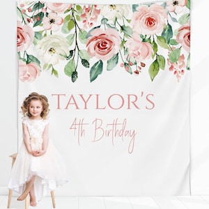 Blush floral greenery Backdrop, personalized Girls 1st Birthday, baby shower, Floral First Birthday, Fabric backdrop, Printed Welcome Sign,
