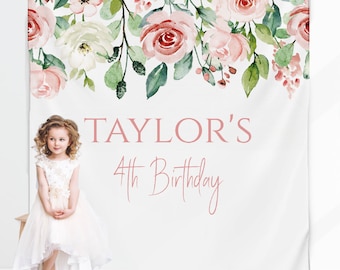 Blush floral greenery Backdrop, personalized Girls 1st Birthday, baby shower, Floral First Birthday, Fabric backdrop, Printed Welcome Sign,