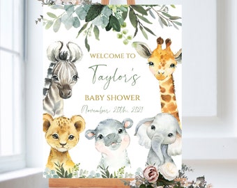 Panneau de bienvenue Safari Baby Shower, panneau de bienvenue jungle, panneau de bienvenue animal du zoo baby shower, panneau imprimable, décor de douche vert sauge, SA2020