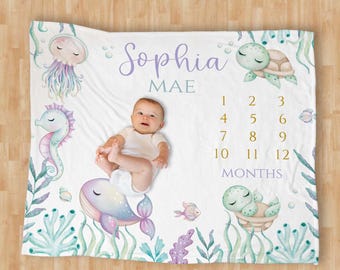 Under the Sea Milestone Baby Blanket/ Personalized Girl Baby Blanket ...