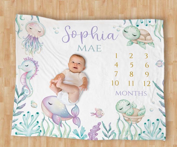 Under the Sea Milestone Baby Blanket/ Personalized Girl Baby