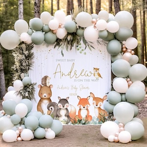 Woodland Animal baby shower backdrop | dessert table decor | First Birthday Woodland party | Forest Animals Baby Shower, wood001