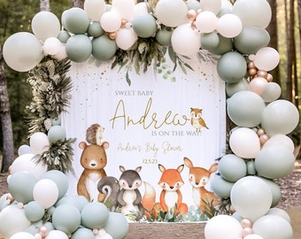 Woodland Animal baby shower backdrop | dessert table decor | First Birthday Woodland party | Forest Animals Baby Shower, wood001