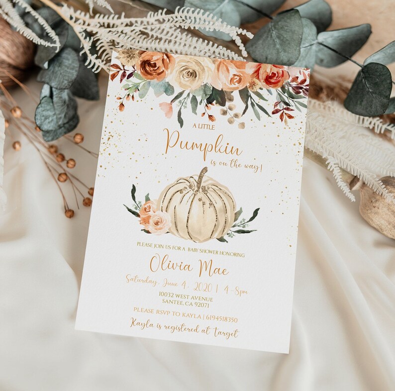 Boho Little Pumpkin Baby Shower Invitation gender neutral invite Rustic pumpkin baby shower invite fall neutral colors baby