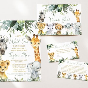 Safari Animal Baby Shower Invitation Greenery . Wild one invite, Jungle baby shower Invitation. Zoo Animal Baby Shower Invitation. SA2020