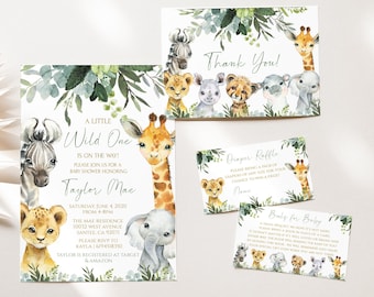 Safari Animal Baby Shower Invitation Greenery . Wild one invite, Jungle baby shower Invitation. Zoo Animal Baby Shower Invitation. SA2020