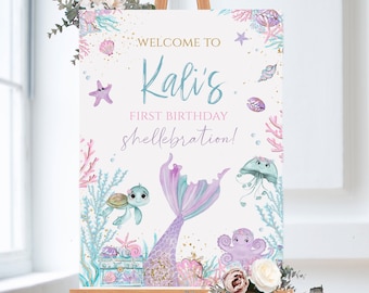 Pastel floral Mermaid Birthday Welcome Sign, Under the sea birthday party, Printable first birthday party decor, Beach Theme, M2021