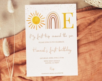 First trip around the sun birthday invitation | Editable Sunshine Invite|Printable Girl Birthday Template |Boho Rainbow, SR001