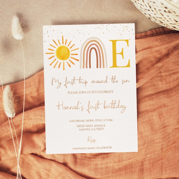 First trip around the sun birthday invitation | Editable Sunshine Invite|Printable Girl Birthday Template |Boho Rainbow, SR001