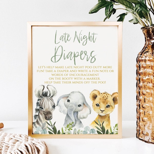 Baby Shower Game Sign, Late Night Diapers, Printable Baby Shower Game, Baby Shower Activities,Boy, Safari Animal Greenery Gold,  SA2020