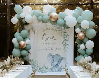 Fondo para baby shower con elefantes y vegetación, fondo verde salvia neutro para baby shower, decoración para baby shower Little Peanut, 732