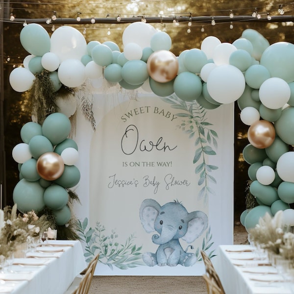 Elephant Greenery Baby Shower Backdrop, Neutral Sage Backdrop for Baby Shower, Little Peanut Baby Shower Decor, 732