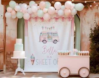 Sweet ONE Backdrop, Pastel Ice cream truck first birthday, Personalized party sign, Printed Backdrop, Birthday Decor, Photo prop, Ice300