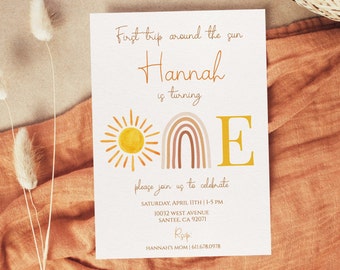 First trip around the sun birthday invitation | Editable Sunshine Invite|Printable Girl Birthday Template |Boho Rainbow, SR001