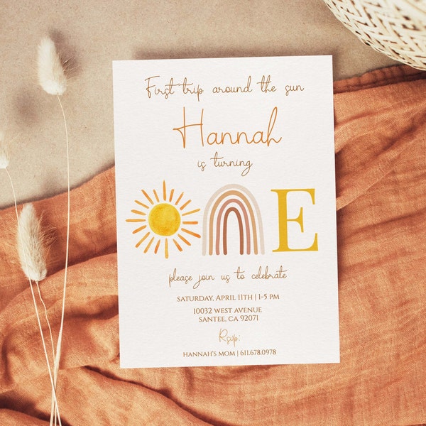 First trip around the sun birthday invitation | Editable Sunshine Invite|Printable Girl Birthday Template |Boho Rainbow, SR001