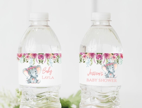 EDITABLE elephant water bottle labels, safari baby shower, pink elephant water bottle labels, purple, elephant, Printable template, PM003