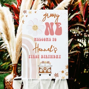 Groovy One Retro Welcome Sign, festa di compleanno di Retro Hippie Van, Smiley Face Daisy Printable primo arredamento per la festa di compleanno, tema Groovy, G001
