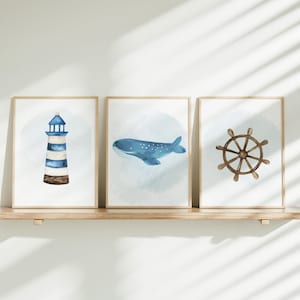 Nautical Whale Prints, Junge Wal Kinderzimmer, Nautische Kinderzimmer Dekor 3er Set, Nautische Kinderzimmer, Schiffs-Steuerrad, Leuchtturm, Aquarell
