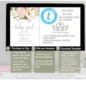 May include: A digital printable baby shower invitation with a floral design. The invitation is for a baby girl and includes the text "Sweet baby girl" and the name "Ashley Owen". The invitation is available for download and editing on Etsy.