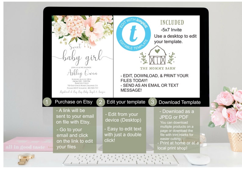 May include: A digital printable baby shower invitation with a floral design. The invitation is for a baby girl and includes the text "Sweet baby girl" and the name "Ashley Owen". The invitation is available for download and editing on Etsy.