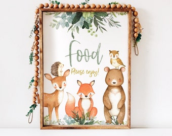 Woodland Animal Food sign, Food Table, Sage Greenery Gold, , baby shower table sign boy, Forest Animal baby shower, wood001