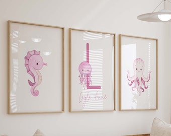 Pink Under The Sea Personalized Watercolor Prints, Set of 3 Nursery Wall Art, Girl Room Decor, Octopus, Set of 3 Art Prints, Shipped,269